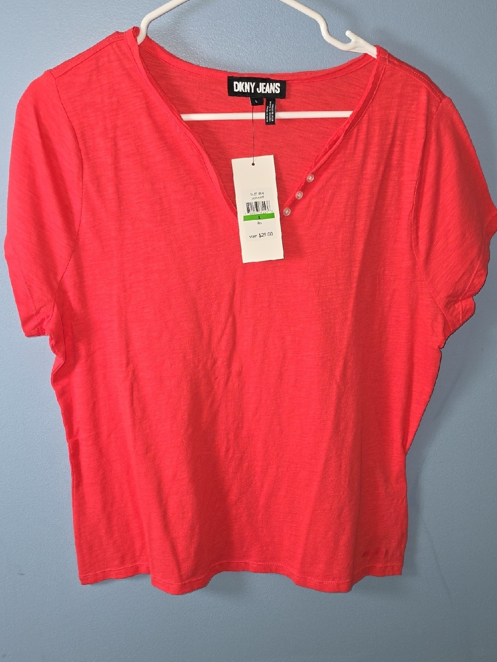 DKNYC Short Sleeve Scoop Neck Tee in Bright Coral